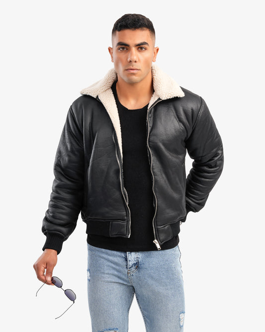 Men's Bomber Leather Jacket In Black