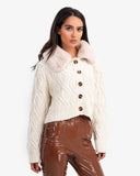 Women's Cable Knit Teddy Collar With Fur Cardigan In Beige