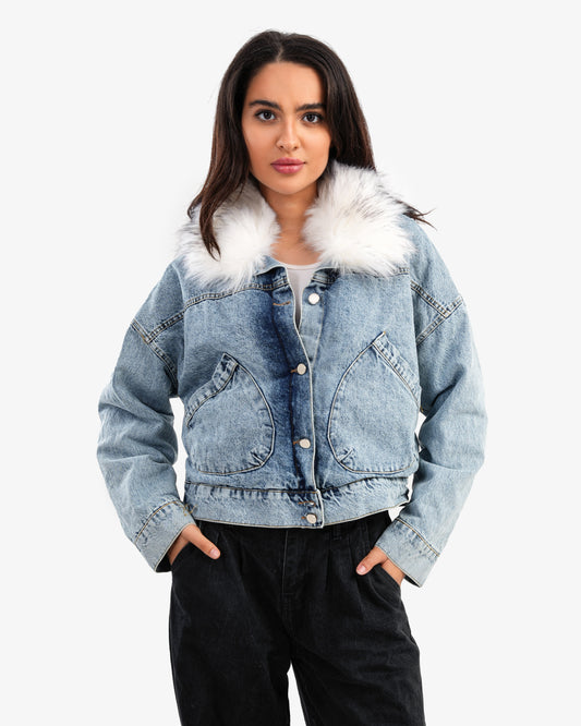 Women's Blue Denim Jacket With Fur
