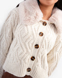 Women's Cable Knit Teddy Collar With Fur Cardigan In Beige