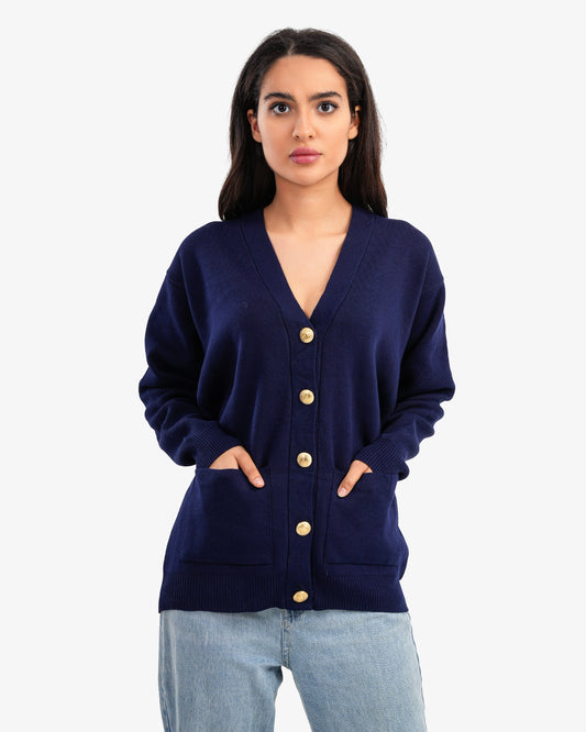 Women's V Neck Cardigan With Buttons In Navy Blue