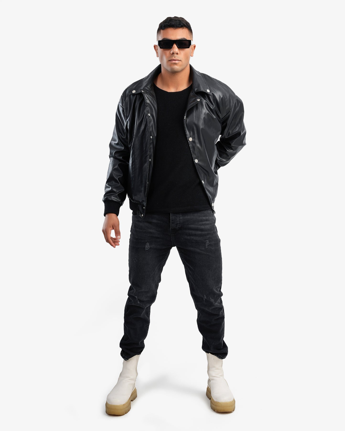 Men's Leather Jacket with Pockets In Black