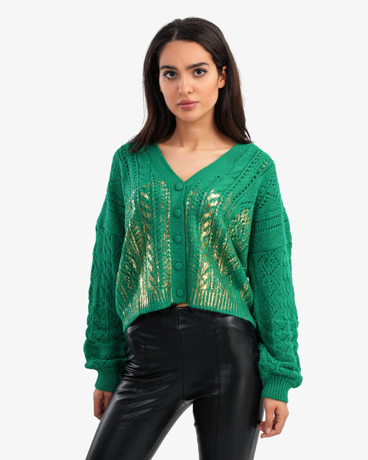 Women's V Neck With Buttons Cardigan In Green