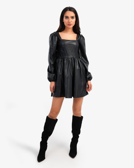Women's Square Neck Chest Leather Dress In Black