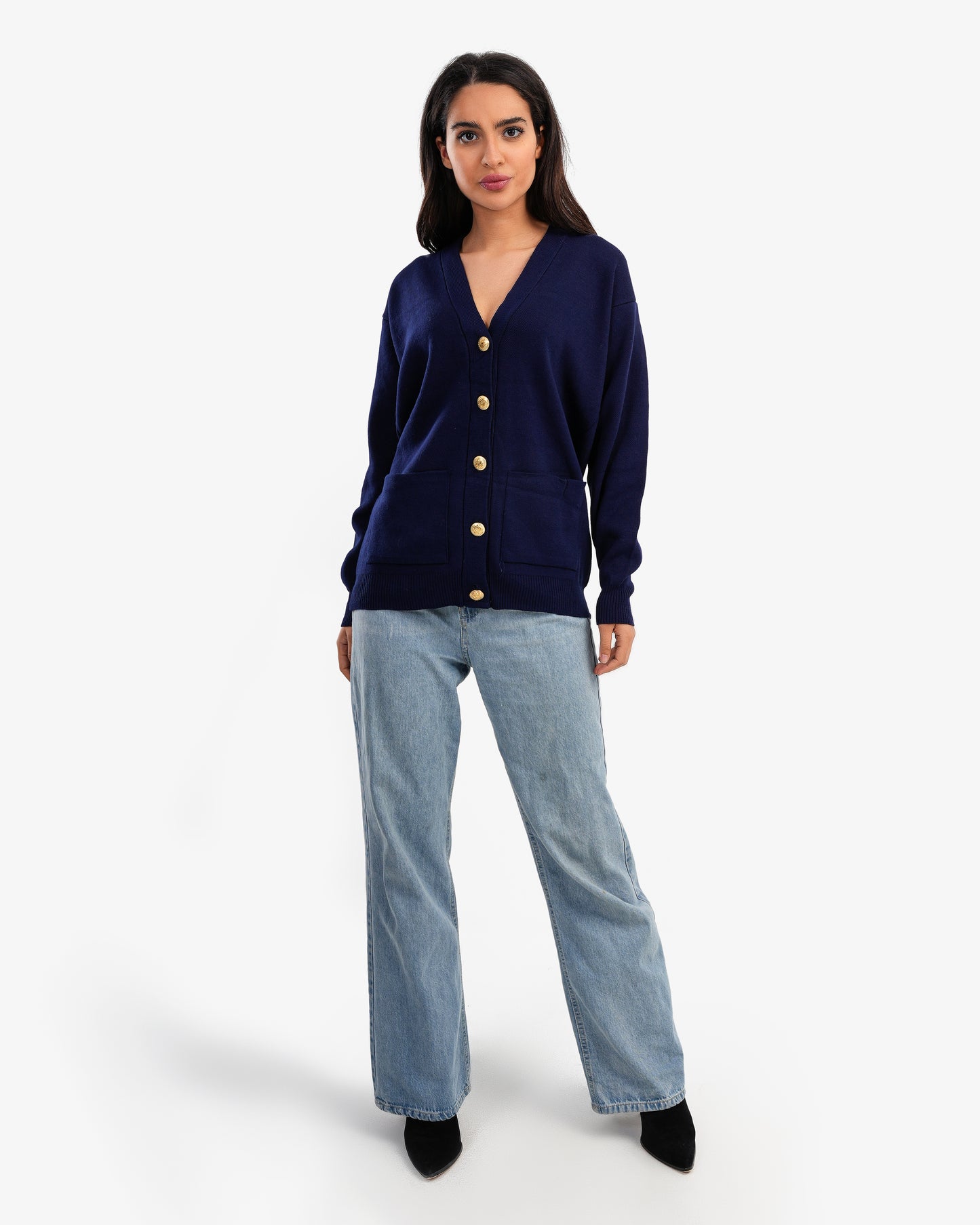 Women's V Neck Cardigan With Buttons In Navy Blue