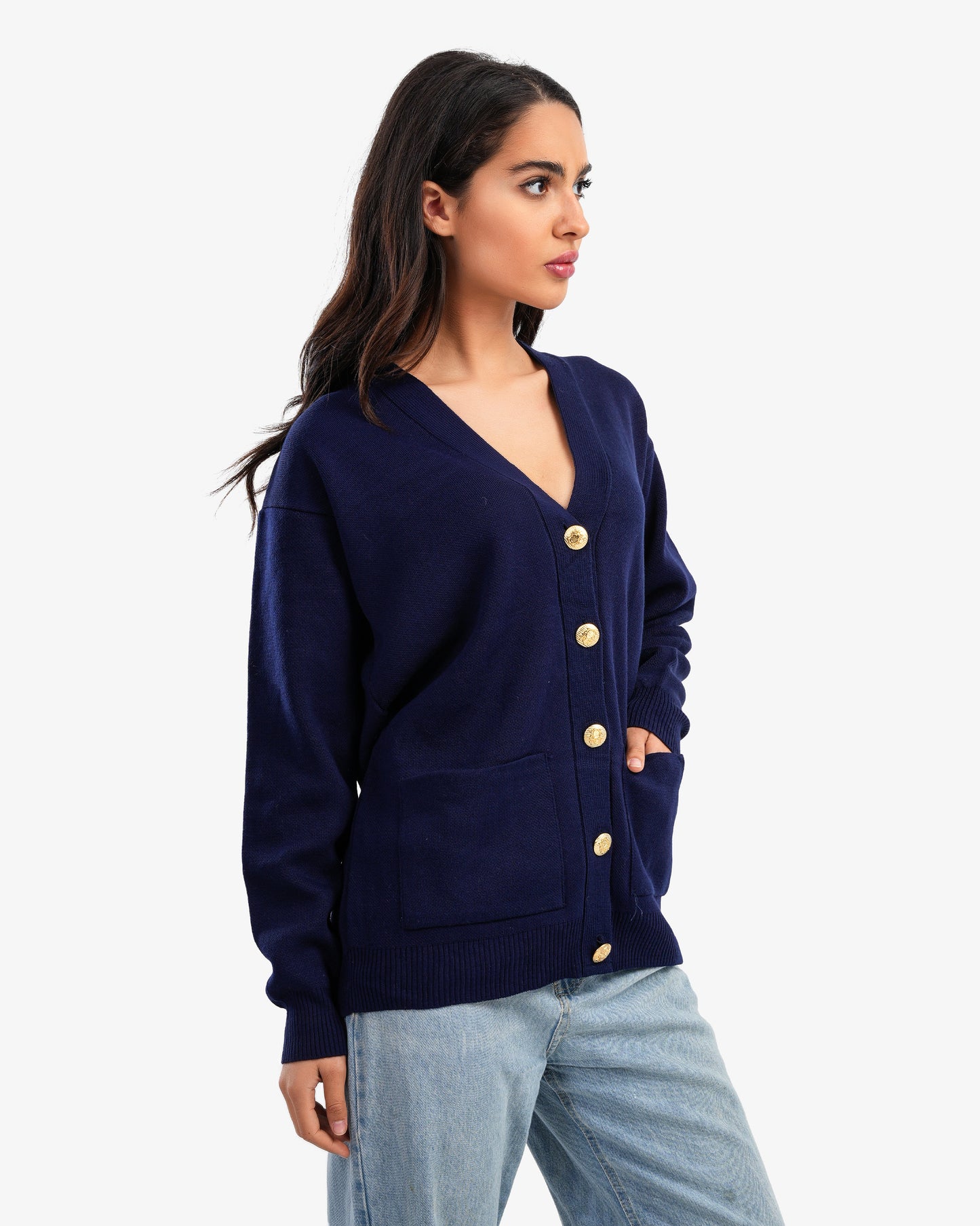 Women's V Neck Cardigan With Buttons In Navy Blue