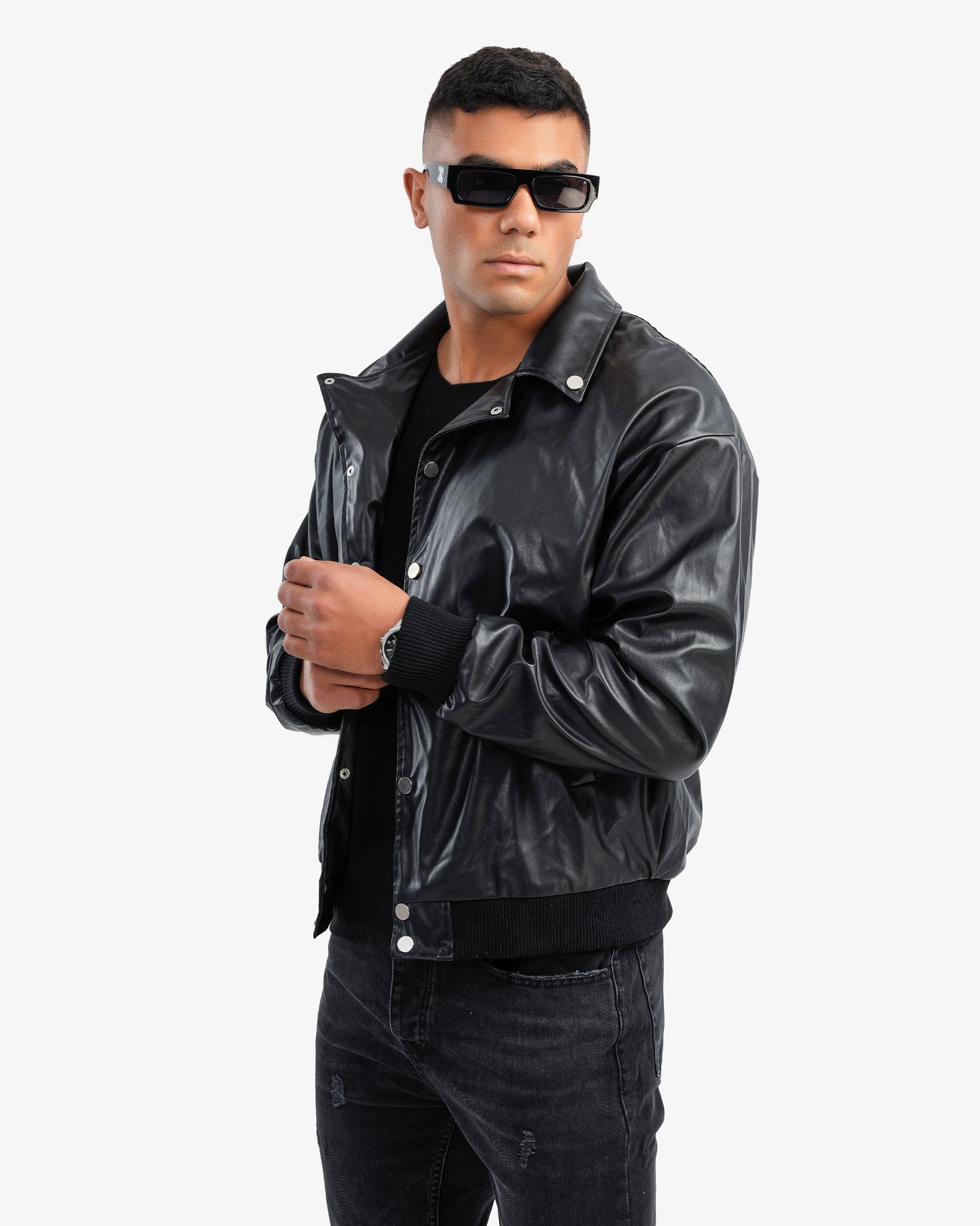 Men's Leather Jacket with Pockets In Black