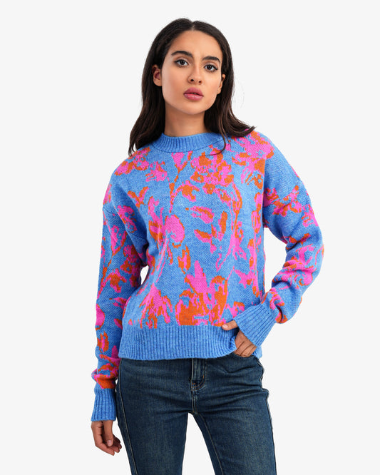 Women's Patterned Crew Neck Knitted Sweater