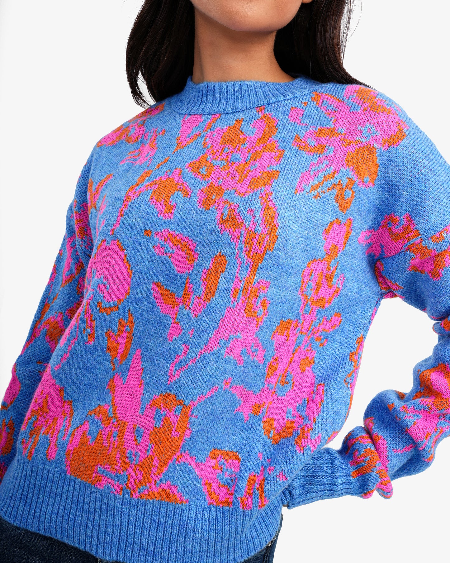 Women's Patterned Crew Neck Knitted Sweater