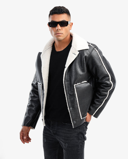 Men’s Leather Jacket with White Shearling