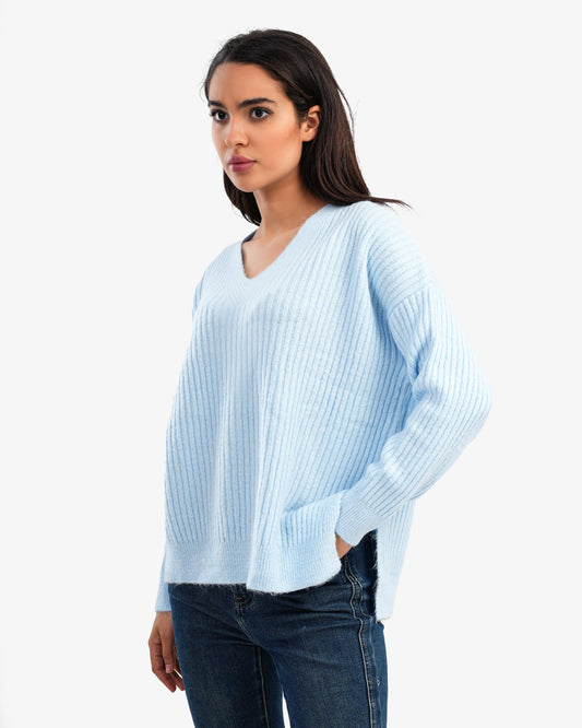 Women's Ribbed V Neck Pullover In Baby Blue