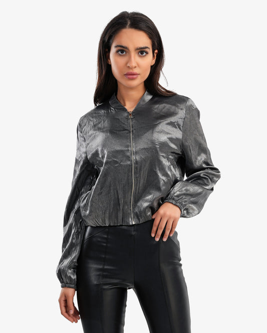 Women's Metallic Leather Bomber Jacket