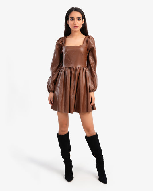 Women's Square Neck Chest Leather Dress In Brown