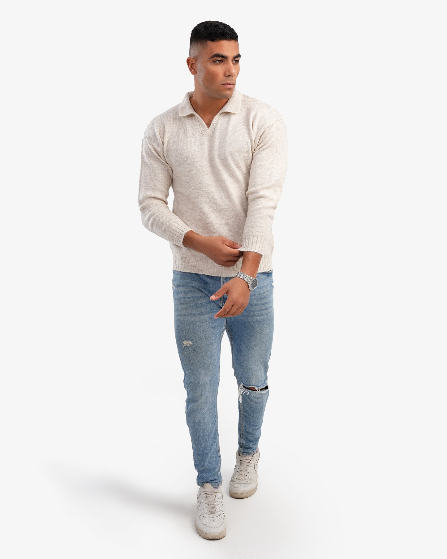 Men’s V Neck Basic Pullover In Beige