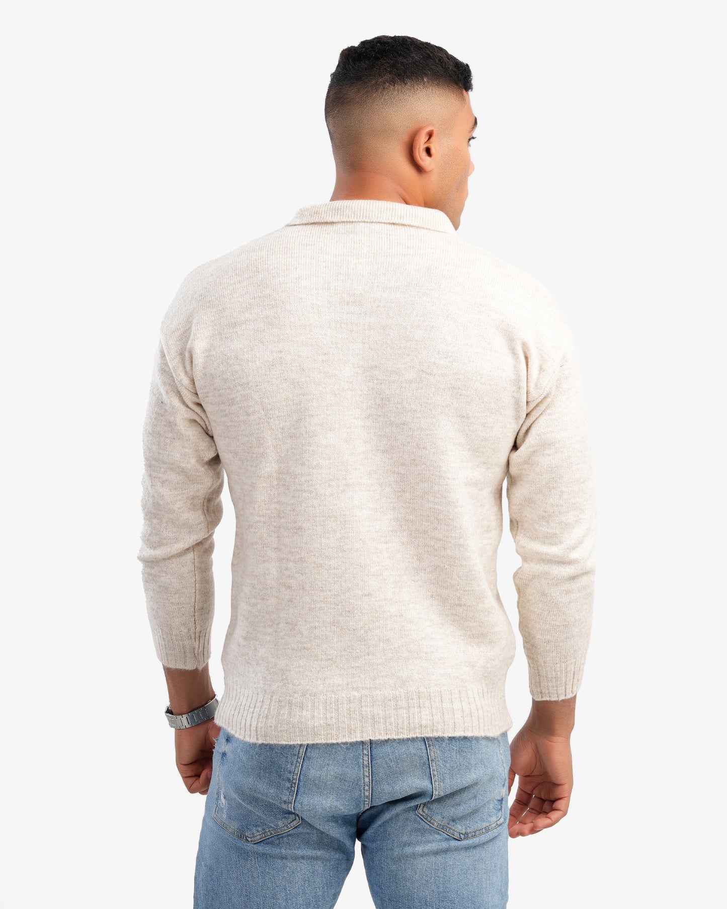 Men’s V Neck Basic Pullover In Beige