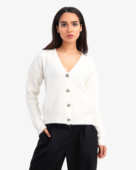 Women's Knitted V Neck Cardigan In Off White