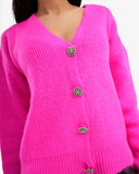 Women's Knitted V Neck Cardigan In Fushia