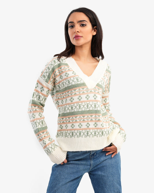 Women's Oversize Printed V Neck Pullover