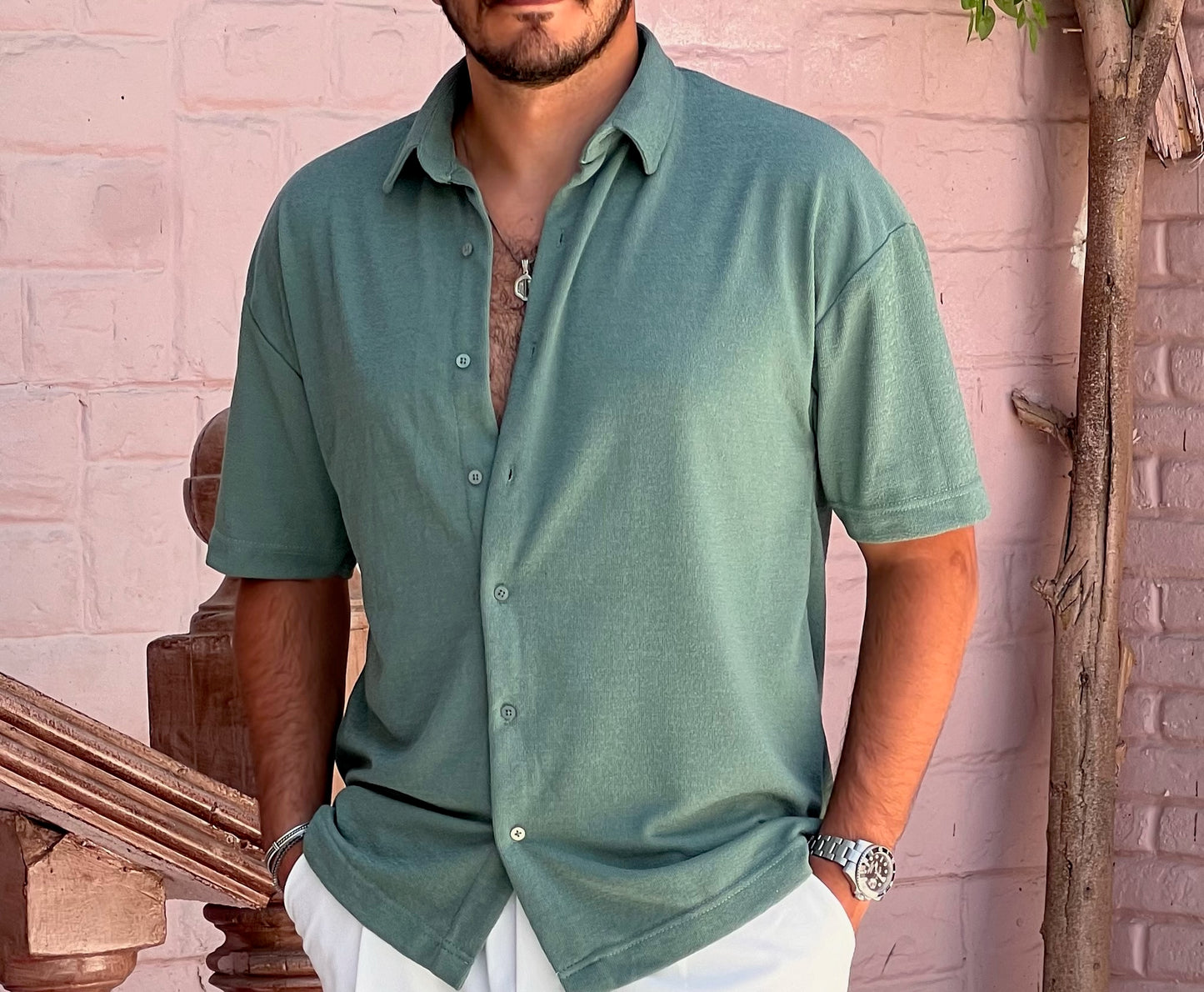 Men's Mint Green Half Sleeve Pleated Shirt