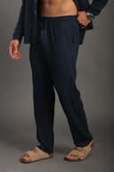 Men's Petrol Blue Casual Stripes Trousers