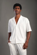 Men's White Dobby Texture Half Sleeve V Neck Collar Shirt