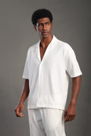Men's White Dobby Texture Half Sleeve V Neck Collar Shirt