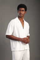 Men's White Dobby Texture Half Sleeve V Neck Collar Shirt