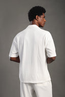Men's White Dobby Texture Half Sleeve V Neck Collar Shirt