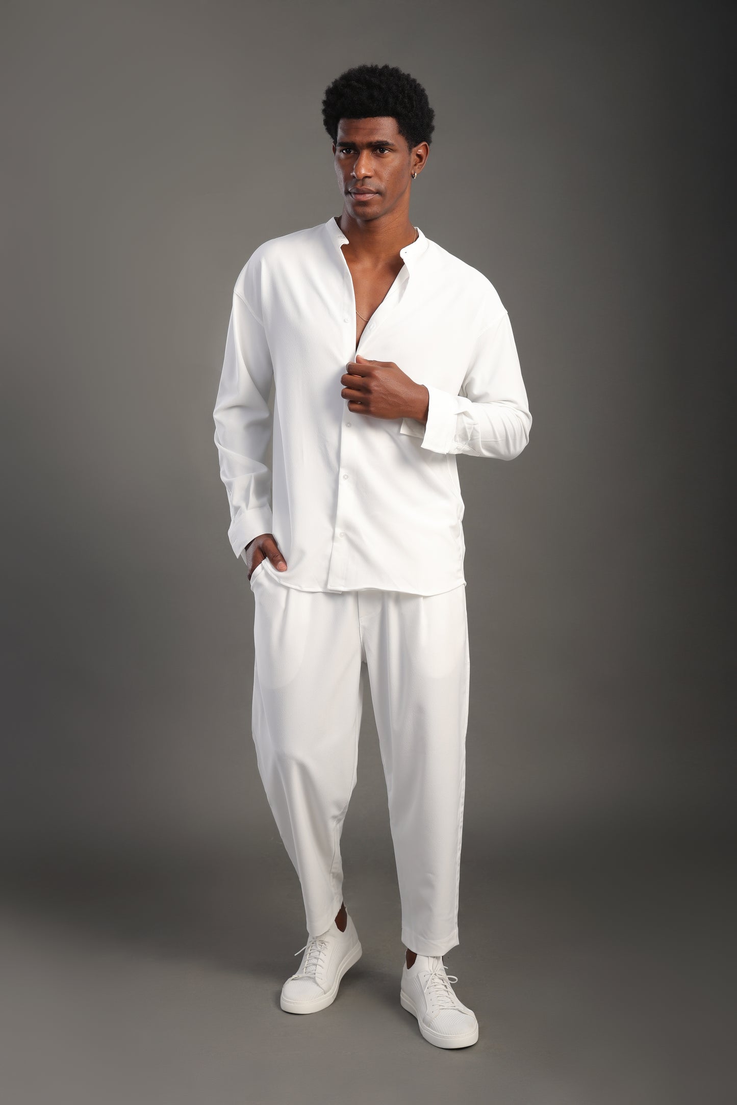 Men's White Mandarin Neck Shirt