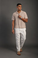 Men's Beige Half Sleeve Printed V Neck Collar Shirt