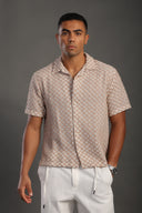 Men's Beige Half Sleeve Printed V Neck Collar Shirt