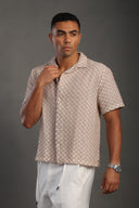 Men's Beige Half Sleeve Printed V Neck Collar Shirt