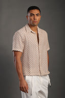Men's Beige Half Sleeve Printed V Neck Collar Shirt