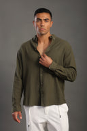 Men's Olive Green Oversize Loose Linen Shirt