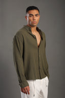 Men's Olive Green Oversize Loose Linen Shirt
