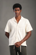 Men's Beige Half Sleeve V Neck Apache Collar Shirt