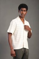 Men's Beige Half Sleeve V Neck Apache Collar Shirt