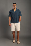 Men's Petrol Blue Half Sleeve V Neck Apache Collar Shirt