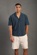 Men's Petrol Blue Half Sleeve V Neck Apache Collar Shirt