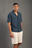 Men's Petrol Blue Half Sleeve V Neck Apache Collar Shirt