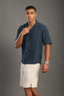 Men's Petrol Blue Half Sleeve V Neck Apache Collar Shirt