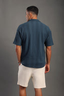 Men's Petrol Blue Half Sleeve V Neck Apache Collar Shirt