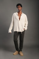 Men's Beige Oversize Loose Linen Shirt