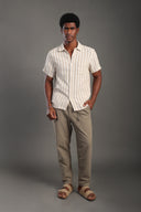 Men's Khaki Half Sleeve Striped V Neck Collar Shirt