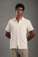 Men's Khaki Half Sleeve Striped V Neck Collar Shirt