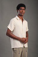 Men's Khaki Half Sleeve Striped V Neck Collar Shirt
