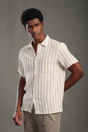 Men's Khaki Half Sleeve Striped V Neck Collar Shirt