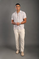 Men's Stone Half Sleeve Striped V Neck Collar Shirt