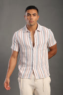 Men's Stone Half Sleeve Striped V Neck Collar Shirt