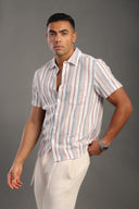 Men's Stone Half Sleeve Striped V Neck Collar Shirt